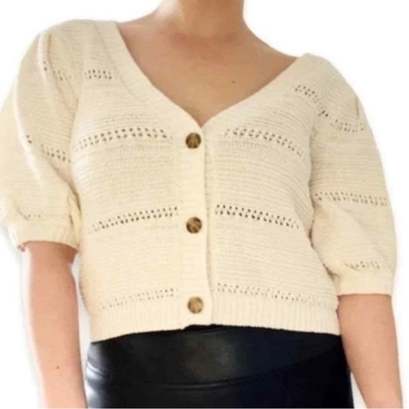 House of Harlow 1960 Sweaters - House of Harlow Knit Balloon Sleeve Crochet Button Cropped Cardigan Cream